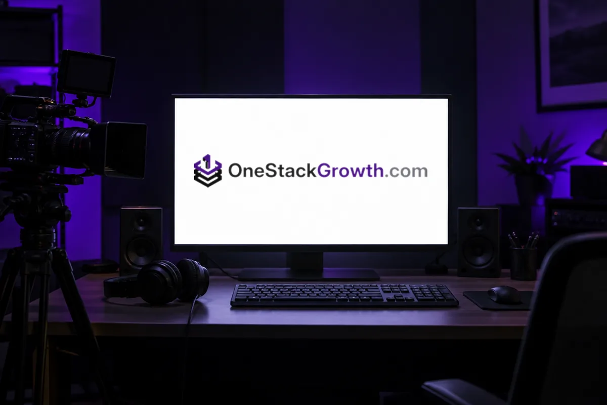 A content production desk with the OneStackGrowth.com logo on screen