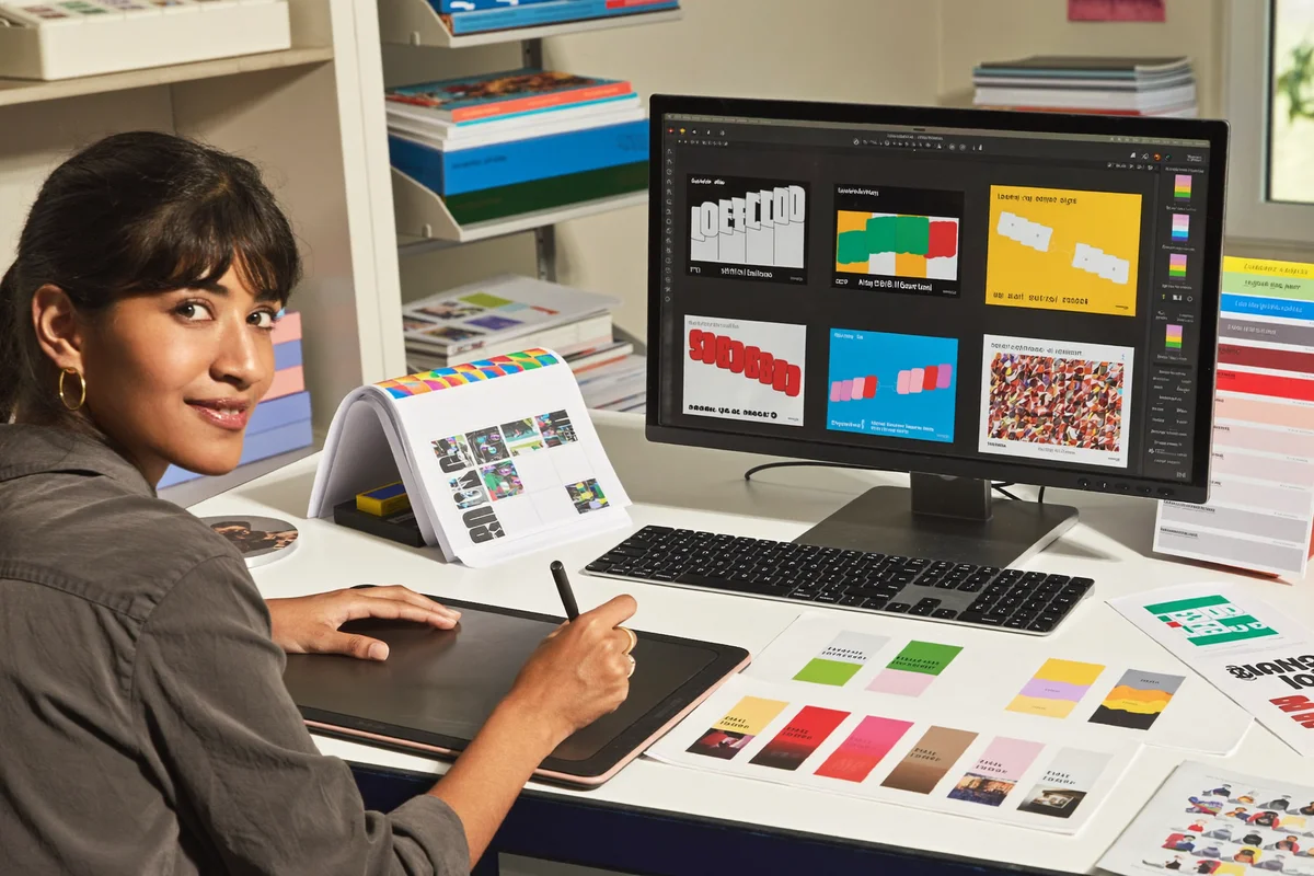 Brand colour swatches and design work on a desk
